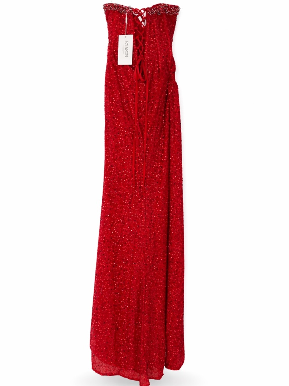 Red Sequin Strapless Corset GownđĽ Beaded Slit Train Prom Wedding Guest - Picture 6 of 8